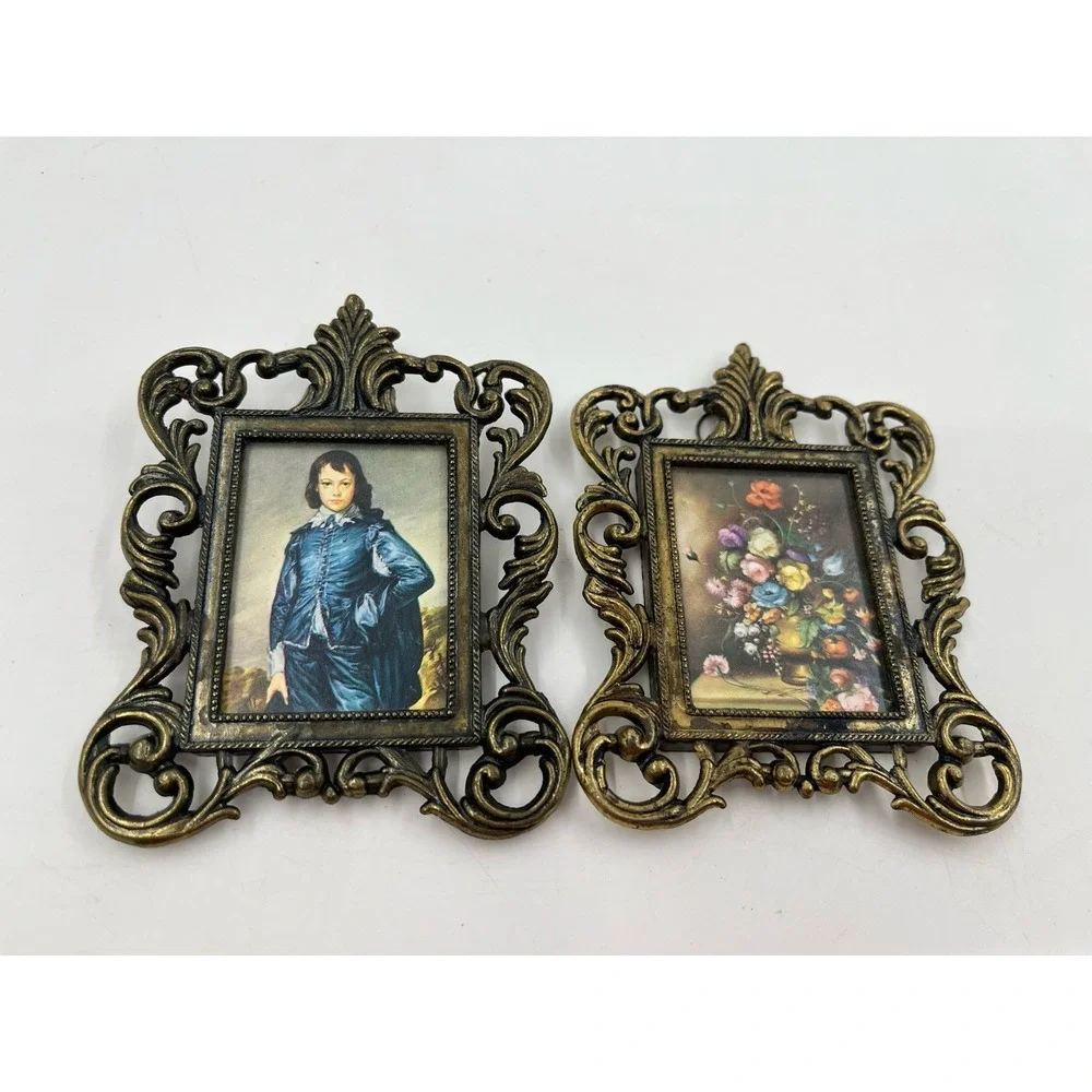 Vintage Italian Miniature Brass Frames Pair The Blue Boy And Floral 4